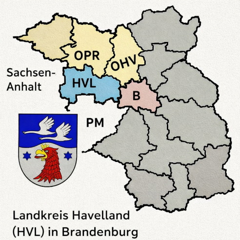 Der heutige Landkreis Havelland innerhalb des Landes Brandenburg.