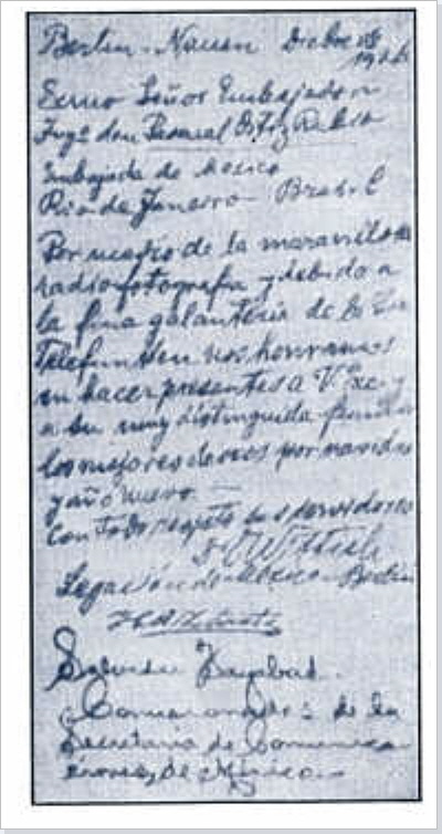 Das erste drahtlose Gl&uuml;ckwunschtelegramm &uuml;ber 10 000 Kilometer vom 10. Dezember 1926.