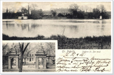 Blick &uuml;ber den See zum Borsig-Schloss, welches nach dem 2. Weltkrieg einem Brand zum Opfer fiel.
