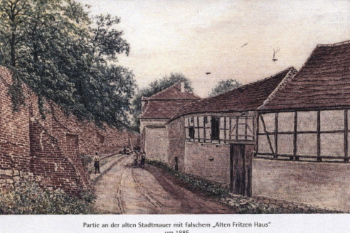 Links sind die Reste der Stadtmauer auf einem Gem&auml;lde von 1885 zu sehen.